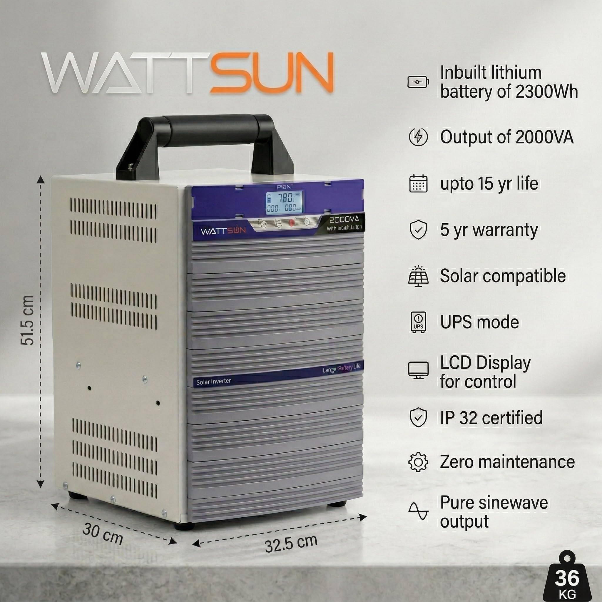 Wattsun Inverter 2KVA with Upto 15 Year Life | Integrated 2300Wh Lithium-Ion Battery | Pure Sine Wave Inverter | IP32 Water Protection | LCD Display | Compact & Portable Design | 5 Years Warranty