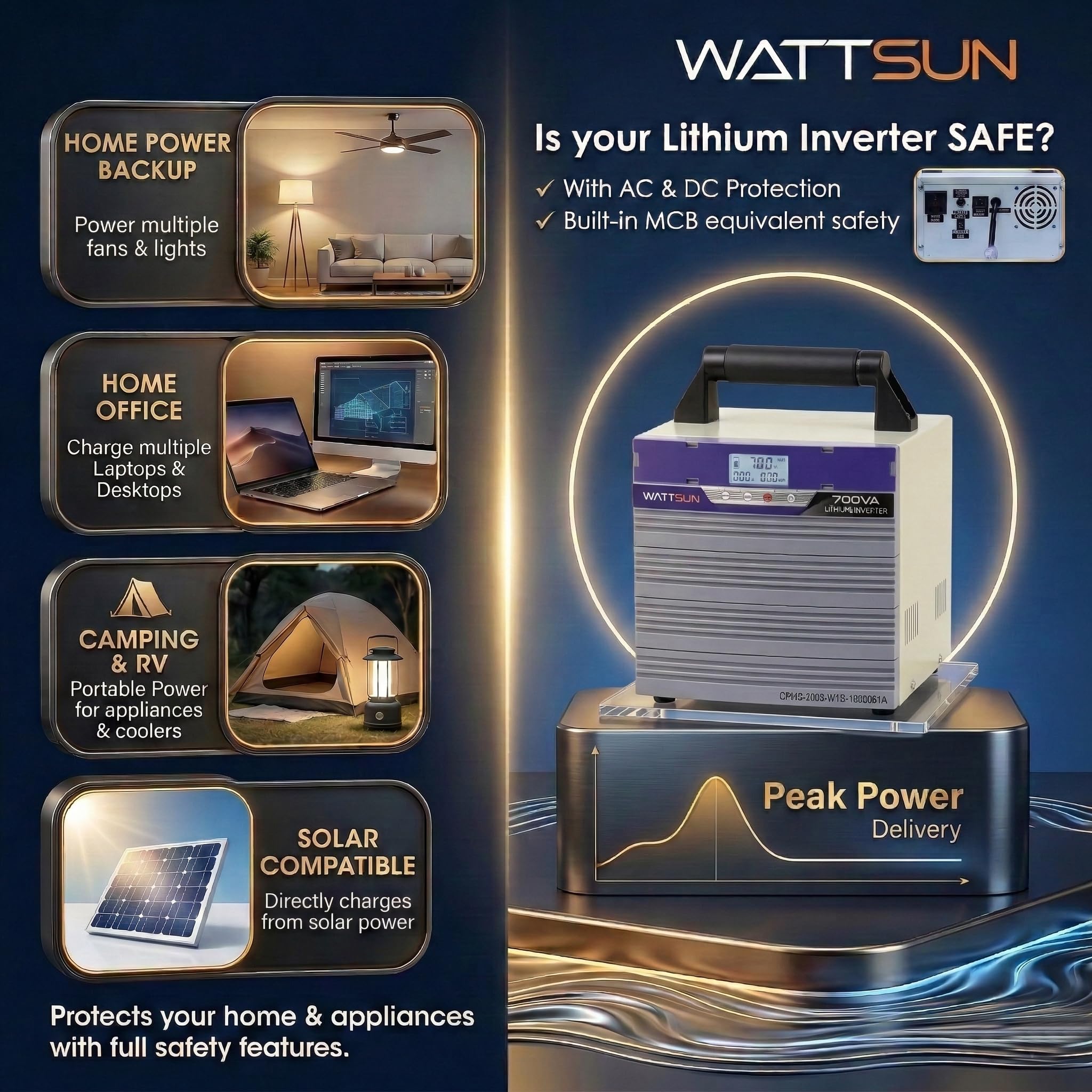Wattsun Inverter 700VA with Upto 15 Year Life | Integrated 1024Wh Lithium-Ion Battery | Pure Sine Wave Inverter | IP32 Water Protection | LCD Display | Compact & Portable Design | 5 Years Warranty