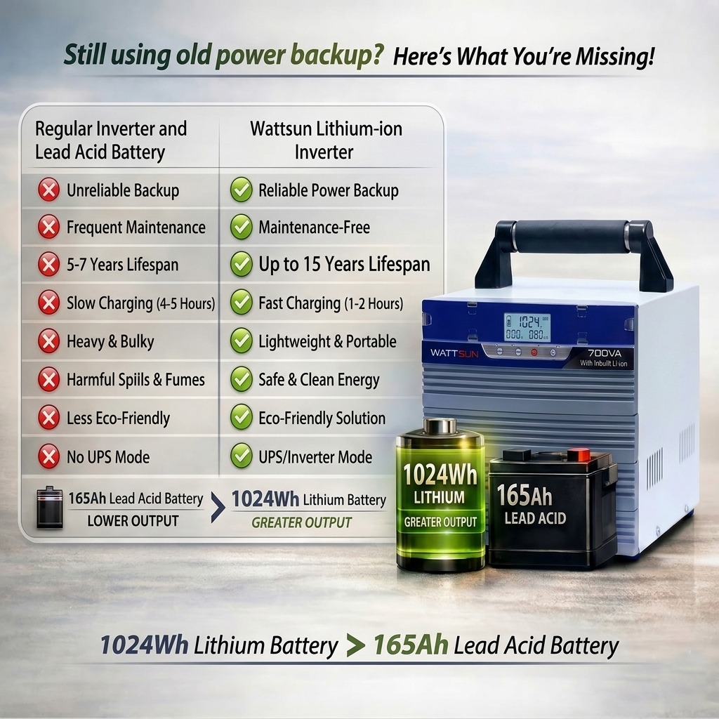 Wattsun Inverter 700VA with Upto 15 Year Life | Integrated 1024Wh Lithium-Ion Battery | Pure Sine Wave Inverter | IP32 Water Protection | LCD Display | Compact & Portable Design | 5 Years Warranty