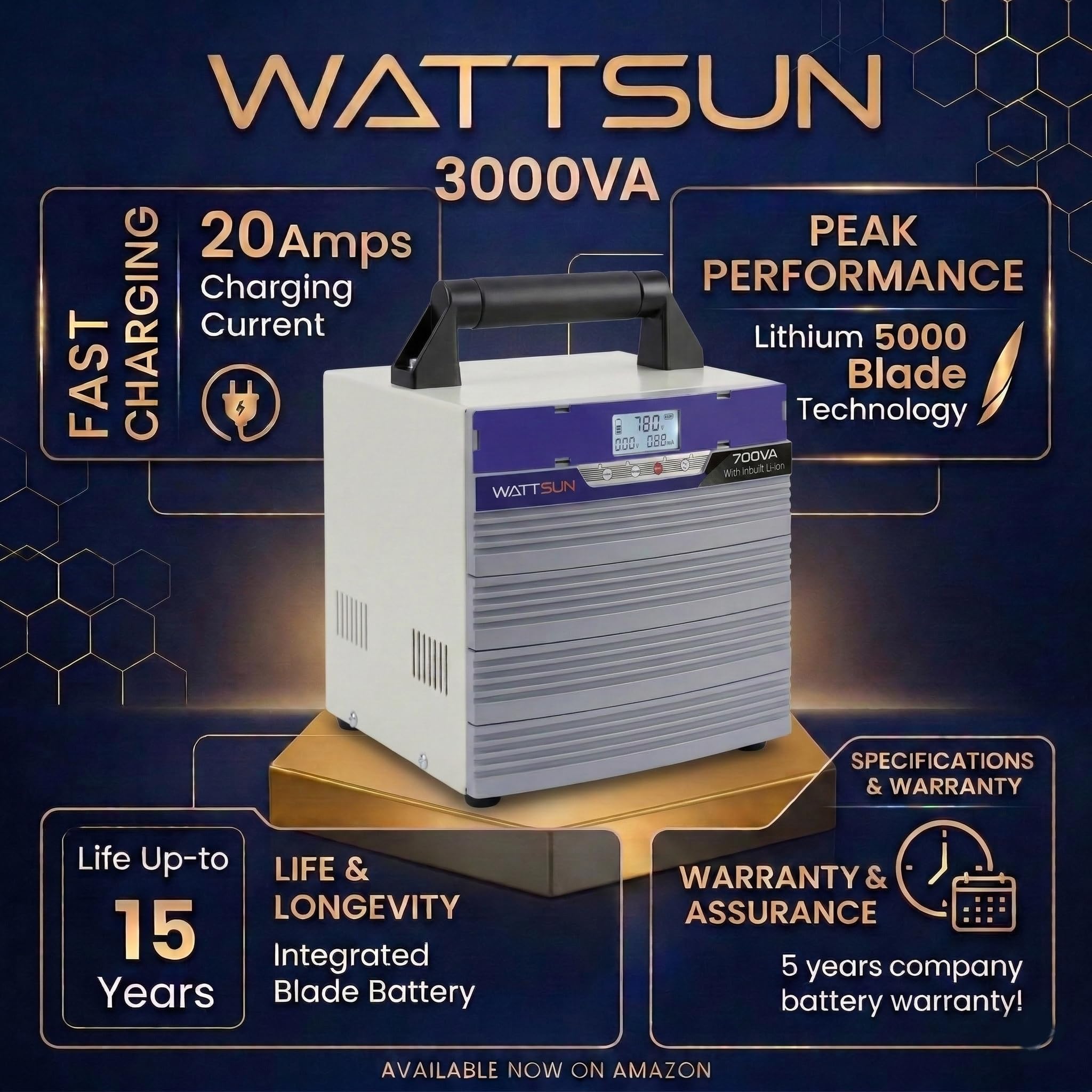 Wattsun Inverter 700VA with Upto 15 Year Life | Integrated 1024Wh Lithium-Ion Battery | Pure Sine Wave Inverter | IP32 Water Protection | LCD Display | Compact & Portable Design | 5 Years Warranty