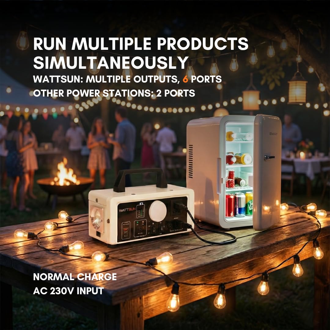 Wattsun 450 WATT Portable Power Station | Inbuilt 296 WH Li-Battery | 6 Output Ports | Weight 3 kg | IP 32 Water Protection | 3 years Warranty | Inbuilt 15W LED Light | For Outdoor Activities & Home