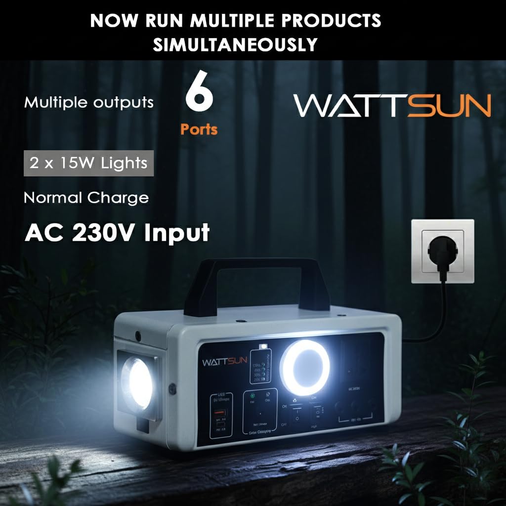 Wattsun 450 WATT Portable Power Station | Inbuilt 296 WH Li-Battery | 6 Output Ports | Weight 3 kg | IP 32 Water Protection | 3 years Warranty | Inbuilt 15W LED Light | For Outdoor Activities & Home