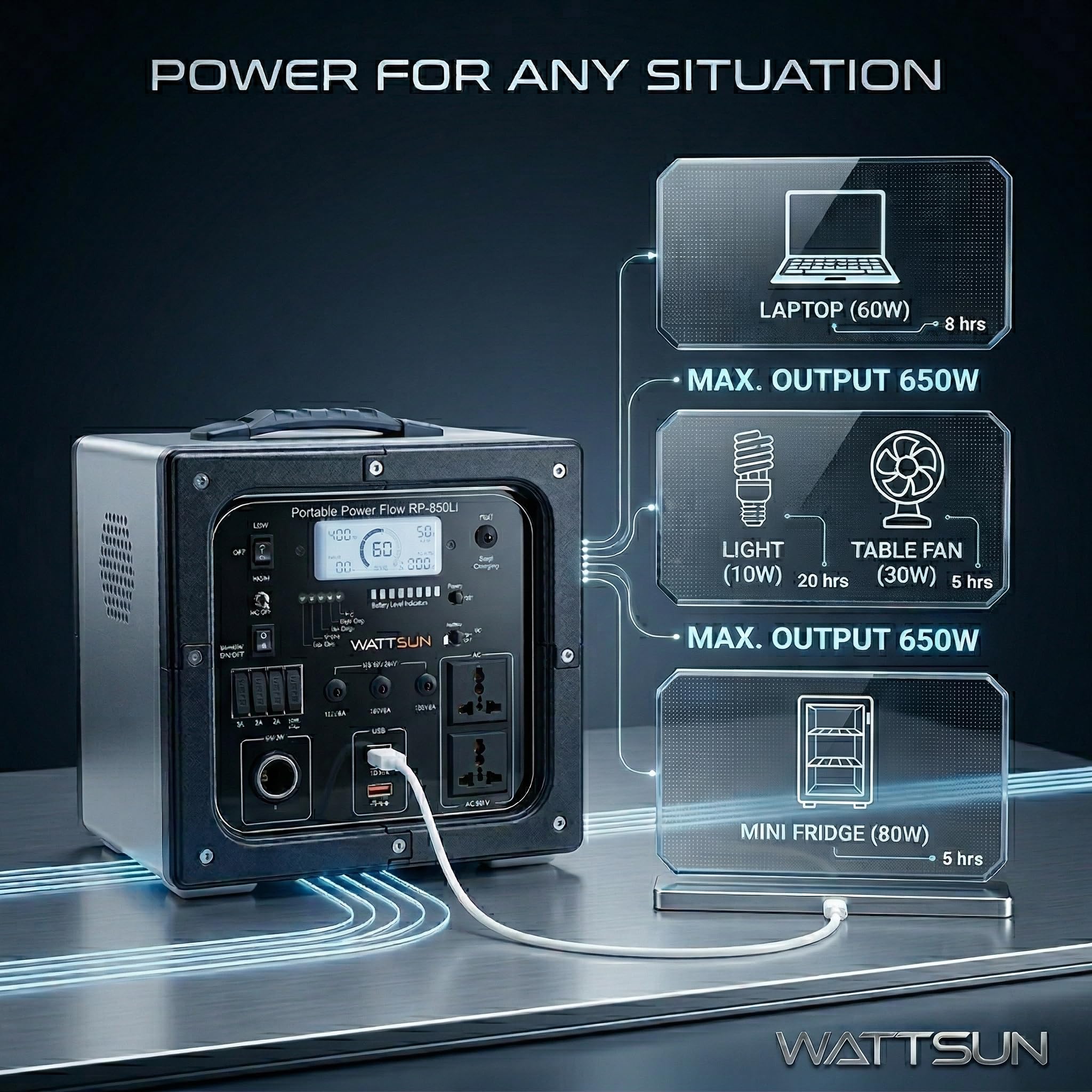 Wattsun 650 WATT Portable Power Station | Inbuilt 268.8 Wh Li-Battery | 10 Output Ports | Weight 5.4 kg | IP 32 Water Protection | 3 years Warranty | Inbuilt 15W Light | For Outdoor Activities & Home