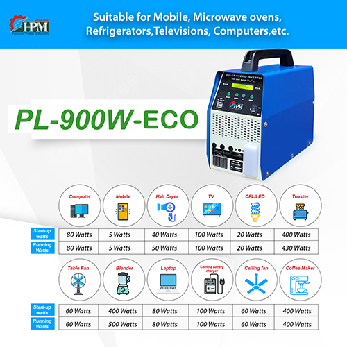 60Ah, 1 KVA Solar Home Inverter, with In-built Lithium Battery, Portable, Model: PL-900W-ECO